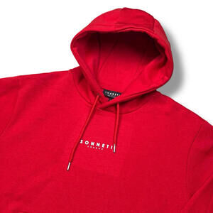 Sonneti London Hoodie Mens L Red Spellout Hooded Fleece Streetwear Relax Casual